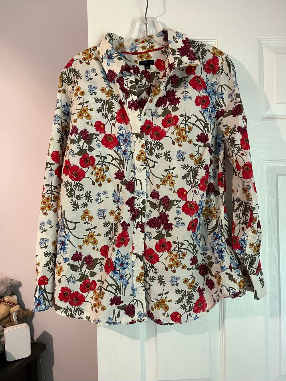 Talbots Cream Floral Button-Down Shirt with Red & Blue Blooms